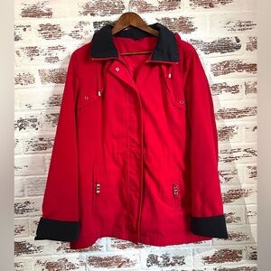 George Rain Jacket Women’s Red Hooded Rain Coat Zip Up Button Sz L
